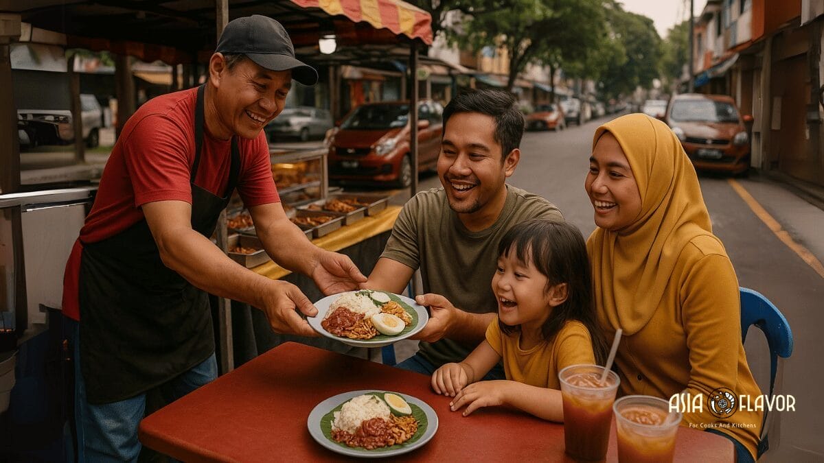 A family enjoys Nasi lemak at a Hawkers Stall
