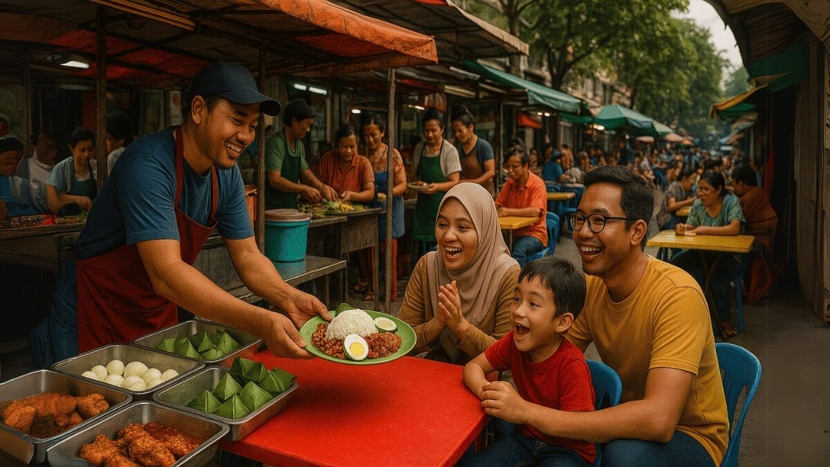 Malaysian Nasi Lemak (Authentic Breakfast Recipe) 1 eating nasi lemak at a hawkers stand