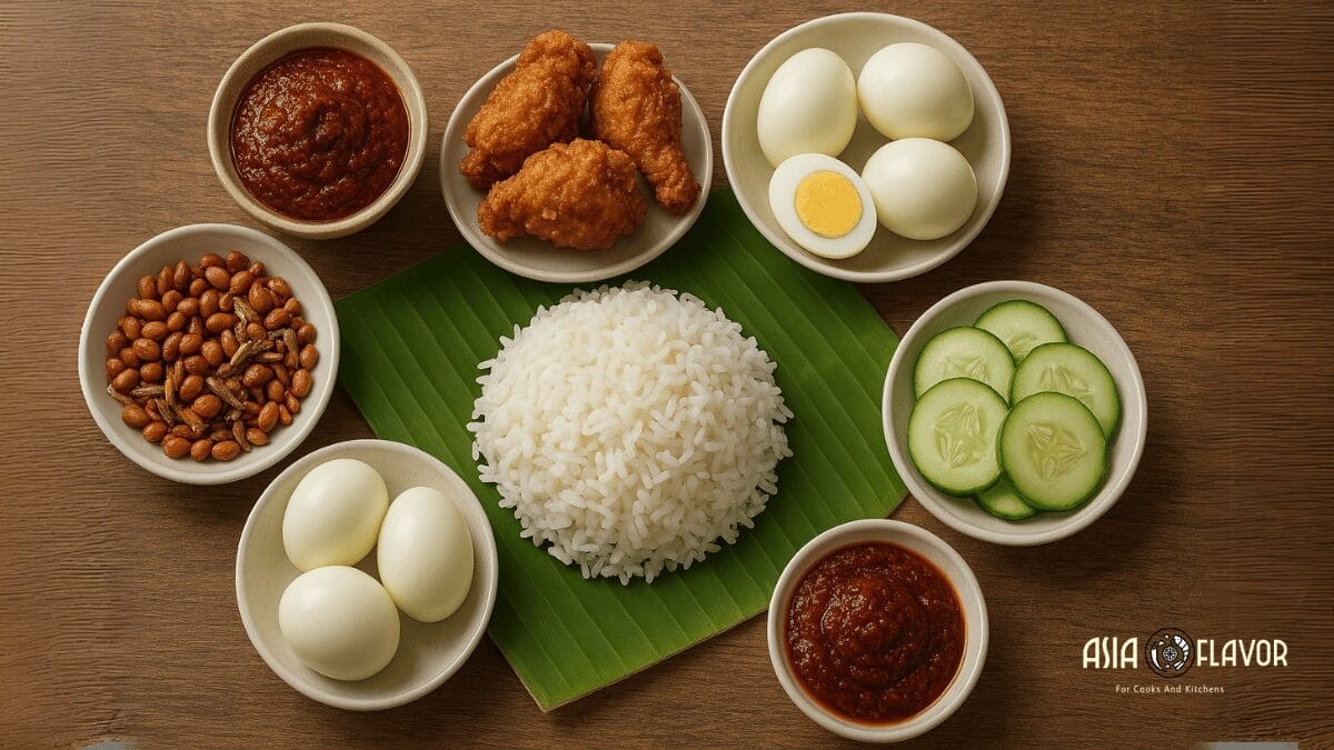 Nasi lemak and condiments
