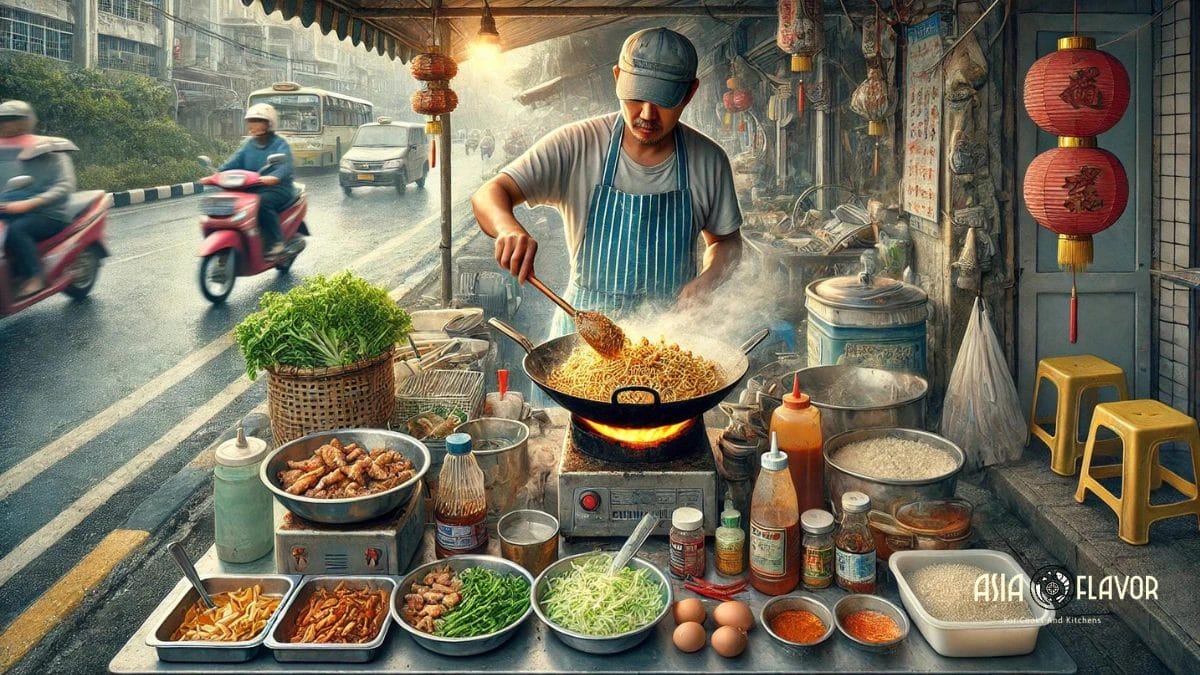 roadside hawker preparing chicken chow mein