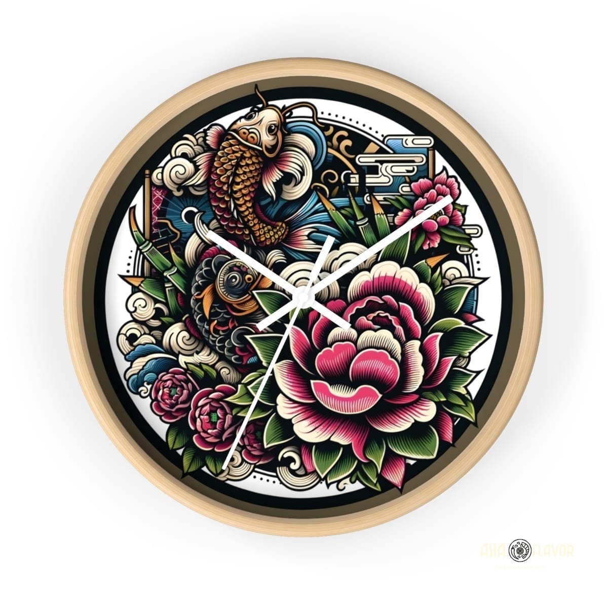 Eastern Haven Wall Clock Artistic Koi and Floral 10"