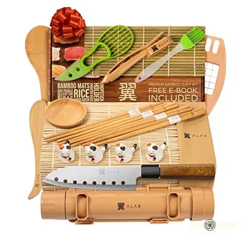 Alas Complete 20 Piece Sushi Making Set - Kit for Beginners & Pros with Knife, 2 Mats, Rice Bazooka and Dipping Plate