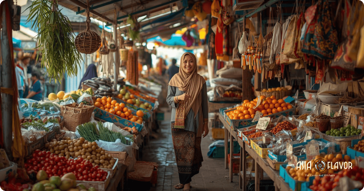 a woman walks through a Malay market