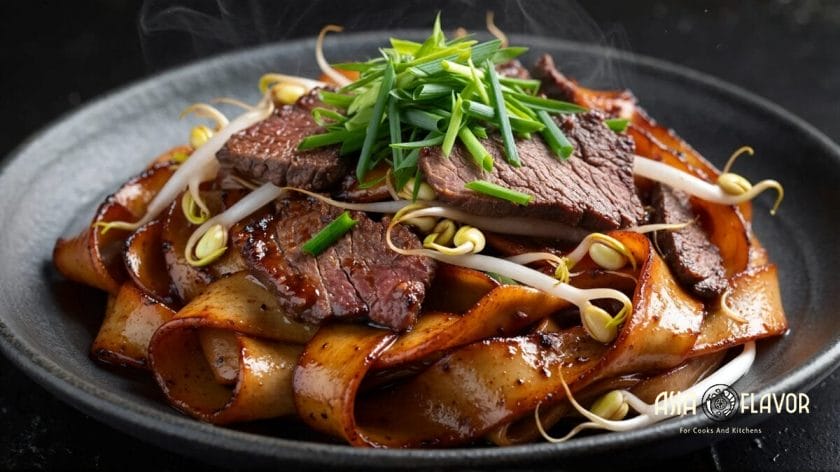 dark soy beef chow foon noodles