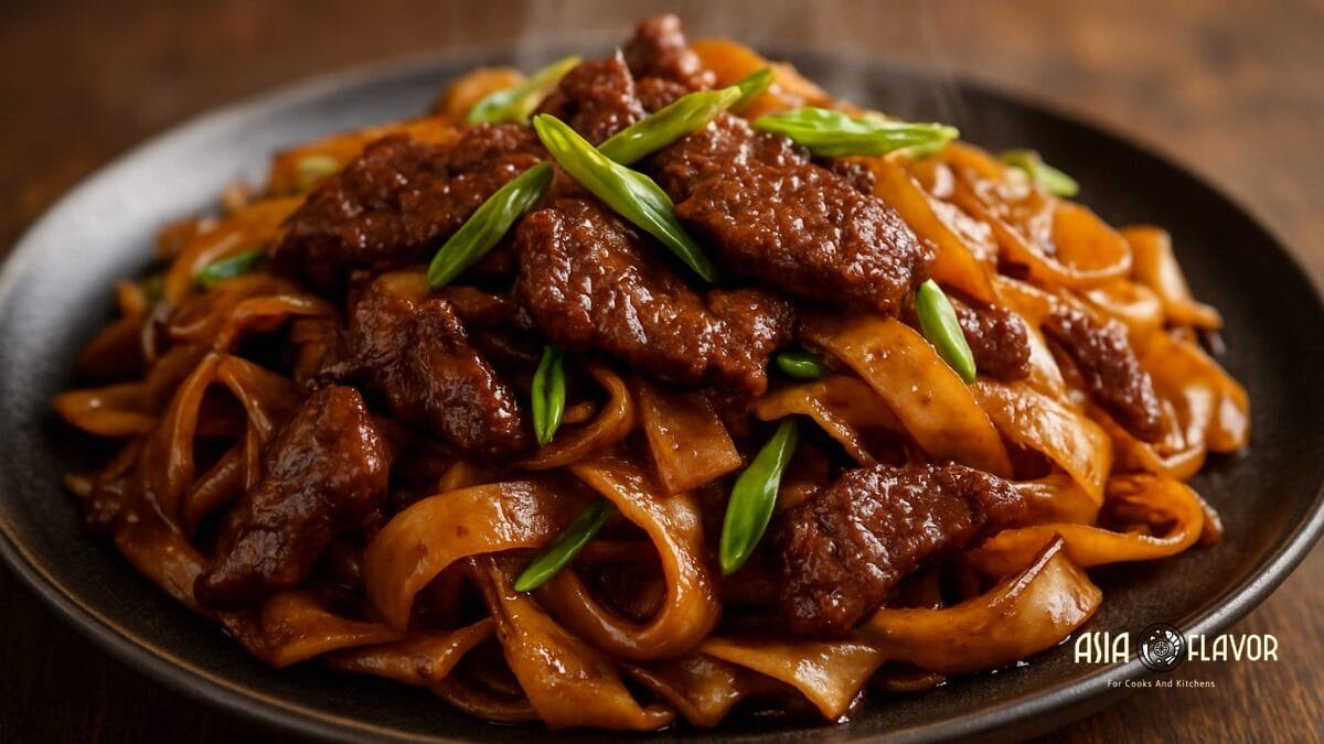 dark soy sichuan beef chow foon noodles